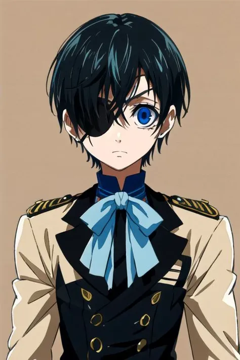 masterpiece, best quality, wallpaper, 1boy, solo, male focus, looking at viewer, upper body, , , , <lora:ciel_phantomhive:0.70>, ciel_phantomhive, black hair, blue eyes, eyepatch, , fantasy, Blu-ray