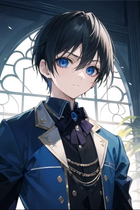 masterpiece, best quality, movie still, 1boy, solo, male focus, looking at viewer, upper body, , anime coloring, , <lora:ciel_phantomhive:0.66>, ciel_phantomhive, black hair, blue eyes, , , , A dark, foreboding castle where a wicked queen reigns,