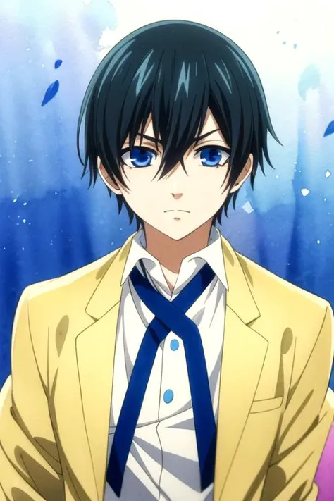 masterpiece, best quality, , 1boy, solo, male focus, looking at viewer, upper body, depth of field, (watercolor illustration, soft pastel colors:1.1), , <lora:ciel_phantomhive:0.72>, ciel_phantomhive, black hair, blue eyes,