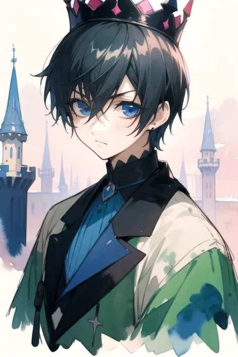 masterpiece, best quality, sketch, 1boy, solo, male focus, looking at viewer, upper body, depth of field, (watercolor illustration, soft pastel colors:1.1), , <lora:ciel_phantomhive:0.74>, ciel_phantomhive, black hair, blue eyes, , camo costume, A dark, foreboding castle where a wicked queen reigns,