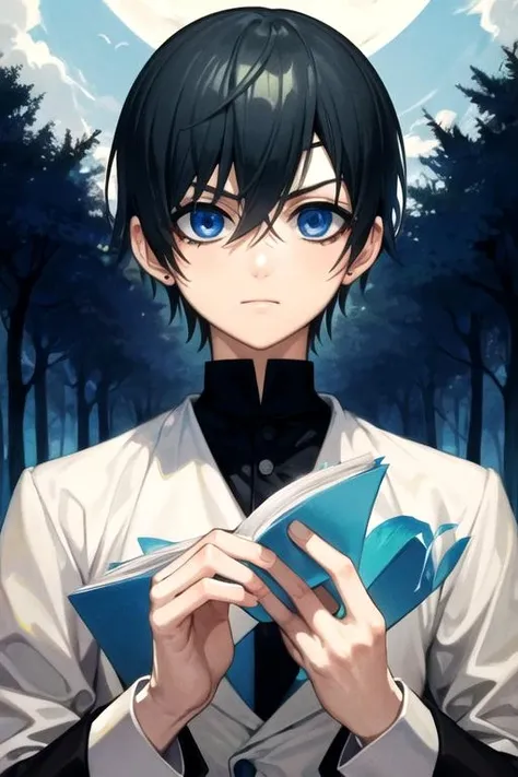 masterpiece, best quality, wallpaper, 1boy, solo, male focus, looking at viewer, upper body, , , , <lora:ciel_phantomhive:0.74>, ciel_phantomhive, black hair, blue eyes, , mackintosh, , The Forest of Mirrors: A place where reality is distorted and nothing is as it seems,