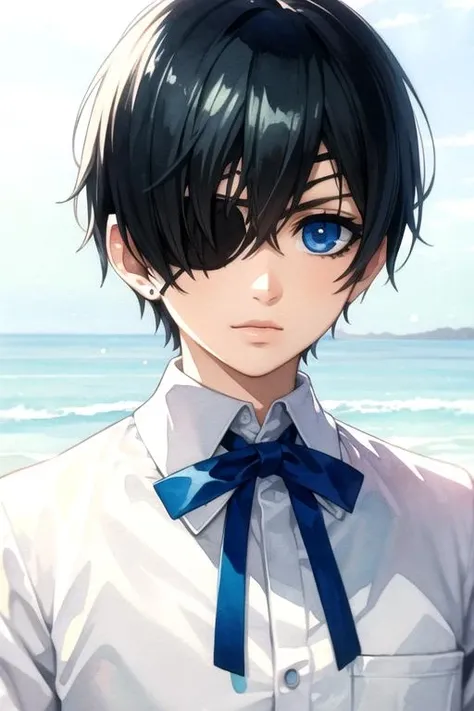 masterpiece, best quality, wallpaper, 1boy, solo, male focus, looking at viewer, upper body, depth of field, (watercolor illustration, soft pastel colors:1.1), realistic, <lora:ciel_phantomhive:0.68>, ciel_phantomhive, black hair, blue eyes, eyepatch, , hard science fiction, HD