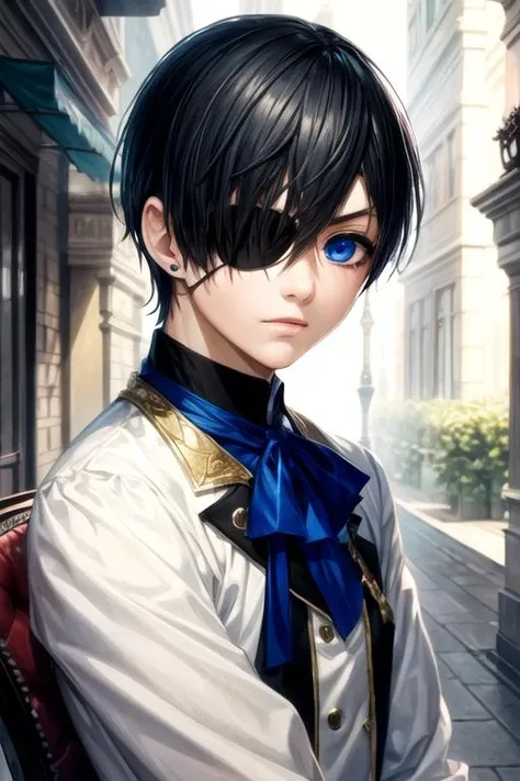 masterpiece, best quality, photorealistic, 1boy, solo, male focus, looking at viewer, , , , , <lora:ciel_phantomhive:0.68>, ciel_phantomhive, black hair, blue eyes, eyepatch, , , fairytale, 32k resolution