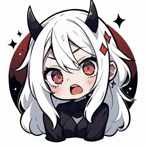 1 girl, head, ((white background, chibi)), emote, twitch, <lora:NijiEmotes:0.85>, <lora:modeus:0.8>, helltaker, white hair, 2 horns, red eyes, open mouth