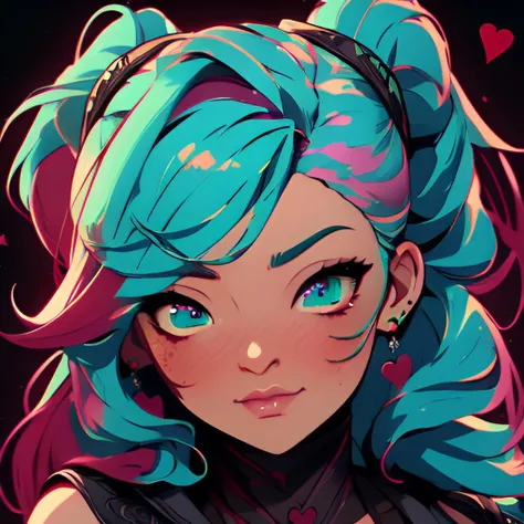 <lora:niji-emote:1.0>, Niji Emote, 1girl, burgundy hair pulled back, turquoise eyes, heart eyes expression, masterpiece, 8k, high resolution, shallow depth of field, sharp focus