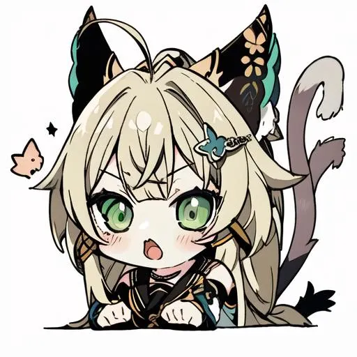 1 girl, head, ((white background, chibi)), emote, twitch, <lora:NijiEmotes:0.85>, <lora:Genshin_Kirara_AP_v3:0.85>, kirara, genshin, green eyes, blonde hair, cat ears, tails, open mouth