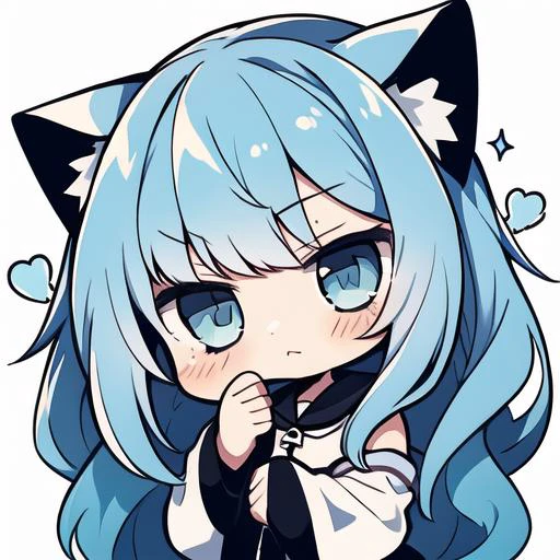 , 1 girl, head, cat girl, neko, blue hair, ((white background, chibi)), emote, twitch, <lora:NijiEmotes:0.85>