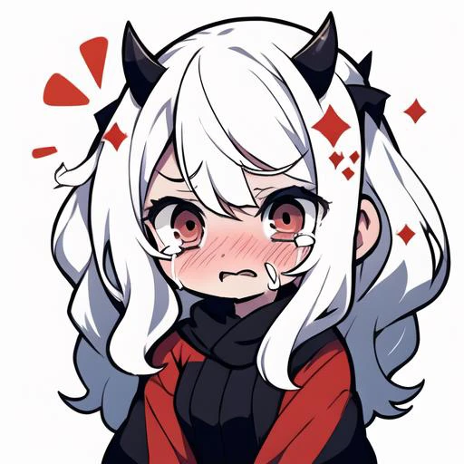 1 girl, head, ((white background, chibi)), emote, twitch, <lora:NijiEmotes:0.85>, <lora:modeus:0.8>, helltaker, white hair, 2 horns, red eyes, crying, sad