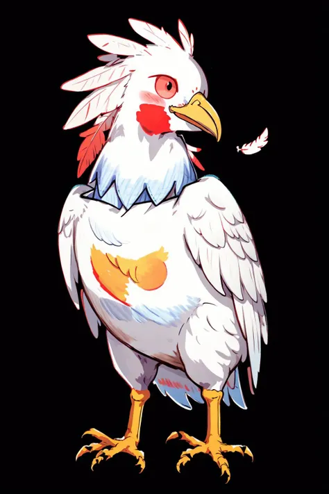 chibi, white outline, sticker, no humans, chicken, bird, feathers, anthro, kawaii, tshirt, denim pants, simple background, black background, anime coloring, twitch emote, <lora:NijiEmoteV2:1>