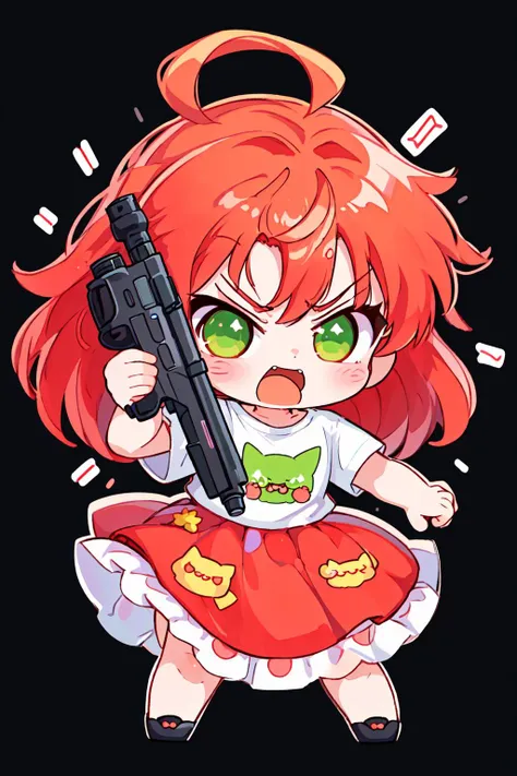 chibi, white outline, sticker, 1girl, female focus, cute, angry face, yelling, red hair, green eyes, holding a gun, kawaii , tshirt, pattern skirt, long skirt, simple background, black background, anime coloring, twitch emote, <lora:NijiEmoteV2:1>