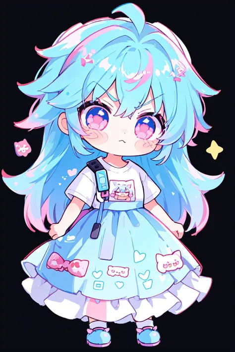 chibi, white outline, sticker, 1girl, female focus, cute, cyberpunk, blue hair, pink eyes, kawaii , tshirt, pattern skirt, long skirt, simple background, black background, anime coloring, twitch emote, <lora:NijiEmoteV2:1>