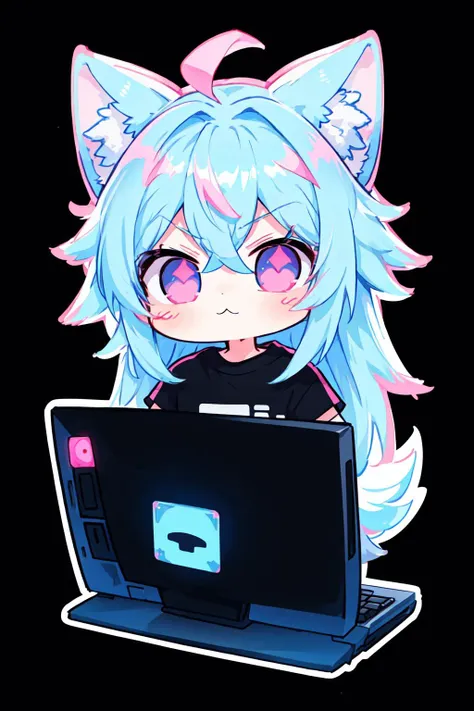 chibi, white outline, sticker, no humans, computer screen attached to head, cyberpunk, blue hair, pink eyes, kawaii , anthro, tshirt, pattern skirt, simple background, black background, anime coloring, twitch emote, <lora:NijiEmoteV2:1>