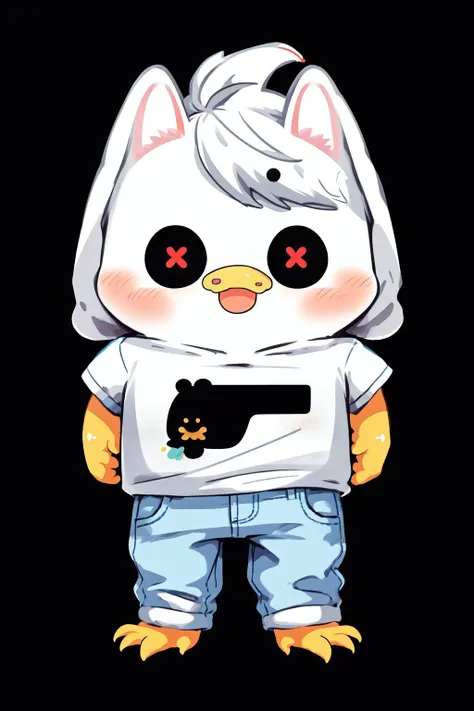 chibi, white outline, sticker, no humans, chicken, anthro, kawaii, tshirt, denim pants, simple background, black background, anime coloring, twitch emote, <lora:NijiEmoteV2:1>