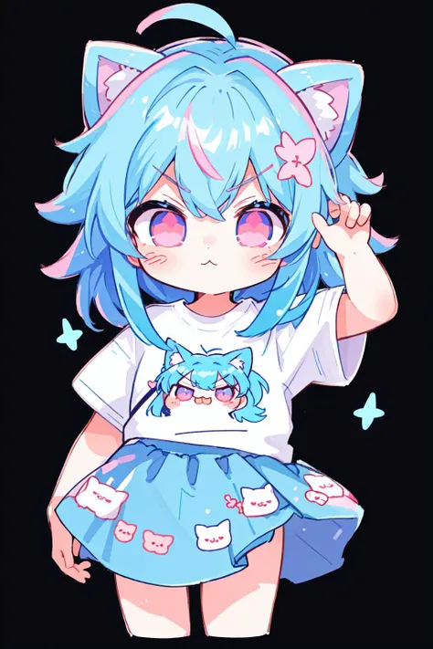 chibi, white outline, sticker, 1girl, female focus, cute, cyberpunk, blue hair, pink eyes, kawaii , tshirt, pattern skirt, simple background, black background, anime coloring, twitch emote, <lora:NijiEmoteV2:1>