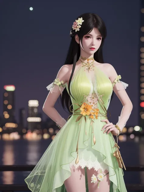 YJWJyingzipingMZ, 1girl, solo, flower,hair flower, long hair, green dress, black hair, bare shoulders,jewelry, <lora:YJWJyingzipingMZii:0.75>,looking at viewer, cityscape, night,mature female, cowboy shot, hand on hip,