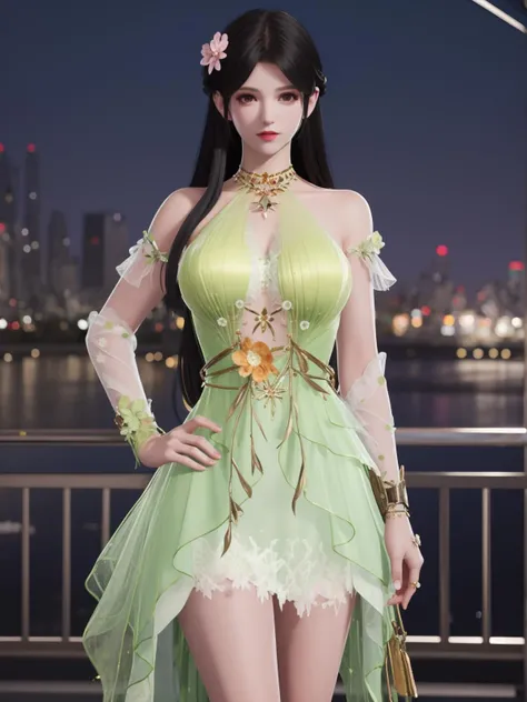 YJWJyingzipingMZ, 1girl, solo, flower,hair flower, long hair, green dress, black hair, bare shoulders,jewelry, <lora:YJWJyingzipingMZii:0.75>,looking at viewer, cityscape, night,mature female, cowboy shot, hand on hip,