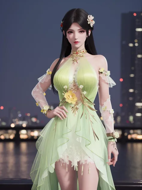 4k ultra hd, masterpiece, very high quality, a girl, age 20 years old girl, good face, smooth face, detailed eyes, beautiful hair, very long hair, hair band, cute look, green party clothes, green dress, night club, party lighting, in the club, on the stage, whole body capture,