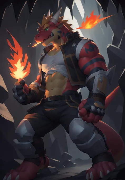 hi res, foreshortening, close-up, very dark, backlighting, detailed background,, , full body, look away,
delga, dragon, scalies, red body, male,anthro, green eyes, detailed eyes, ( (( athletic slim, slim hunk)), clothing,topwear, jacket, shirt, fingerless gloves, bottomwear, leg armor, ), (((explore, fire breathing, fighting, in a dark cave))),
by canyne khai,by milkytiger1145,by takemoto arashi,by null-ghost, <lora:delga rock:1>