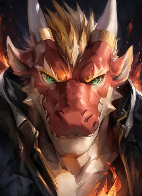 upload on e621, by Michael & Inessa Garmash,Ruan Jia, Pino Daeni, chunie, darkgem, anthro, male, ((detailed skin)), ((handsome)), detailed realistic painting, (detailed realistic painting), headshot portrait, (kemono), flame background, fisheyes shot, (shaded) extreme detail,high light,
(((face))), detailed face, solo, from above, tooth_showing, (front face, little angry, (fire breathing,fire manipulation) ), bright eye ,(( <lora:delga_v1.1_ep10:1> delga)), green eyes, detailed eyes, glowing eyes, (dragon), jacket, ((shirt)),
looking at viewer,