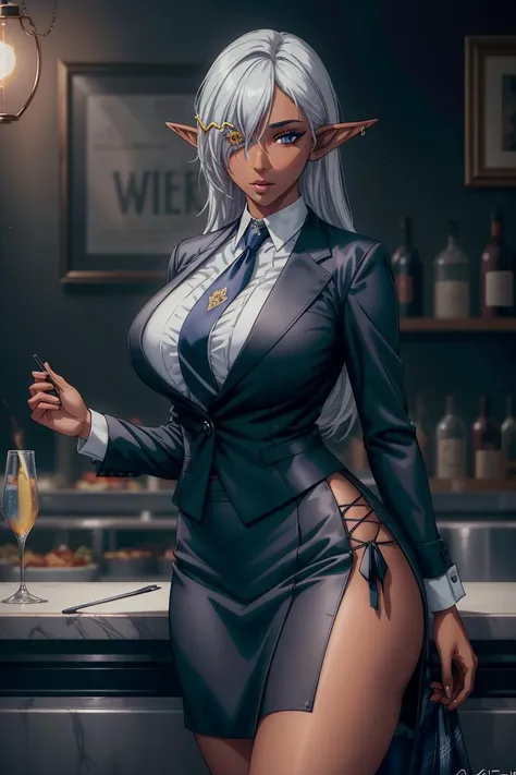 miriya, curvy, hair over one eye, dark skinned female, dark skin, dark elf, pointy ears, grey hair, long hair, hair ornament, (Wearing business outfit,formal jacket,neck tie, tie,white shirt, blue skirt, heels,High waist Skirt)( big perfect round breasts,hourglass body, thin waist,btpt-fc,Photo realistic, (hyperrealistic:1)beautiful, masterpiece, best quality, extremely detailed face, perfect lighting,detailed eye makeup, detail face, nice detailed eyes,nice hands, perfect hands (realistic pupils,realistic iris:1) heavy eye makeup, <lora:beautifulDetailedEyes_v10:0.2> <lora:add_detail:.5> <lora:btpt-fc-v2:.40> <lyco:GoodHands-beta2:.90> <lora:MiriyaV1:.50> (co worker, working at a restaurant, background restaurant)