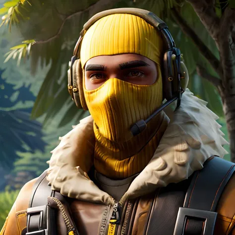 masterpiece, high quality, Raptor,male, yellow ski mask, yellow balaclava, brown eyes, yellow gloves, bandolier, brown bomber jacket, fur collar, headset, kneepads, black boots, portrait, summer, park, sunny, looking at camera, <lora:raptor-000009:.7> extreme detail,  <lora:more_details:.5>