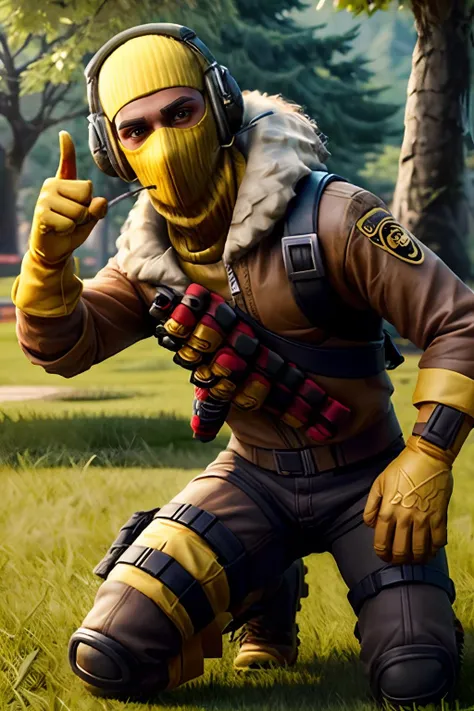 masterpiece, high quality, Raptor,male, yellow ski mask, yellow balaclava, brown eyes, yellow gloves, bandolier, brown bomber jacket, fur collar, headset, kneepads, black boots, full body shot, kneeling, pointing at camera ,summer, park, sunny, <lora:raptor-000009:.7> extreme detail, <lora:more_details:.5>