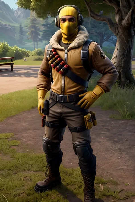 masterpiece, high quality, Raptor,male, yellow ski mask, yellow balaclava, brown eyes, yellow gloves, bandolier, brown bomber jacket, fur collar, headset, kneepads, black boots, full body shot, standing, hands on hips,summer, park, sunny, <lora:raptor-000009:.7> extreme detail, <lora:more_details:.5>