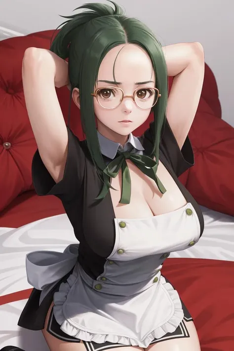 masterpiece, best quality, absurdres, <lora:mio-dreamcclub-richy-v1:1> mio \(dream c club\), 1girl, solo, seiza, arms behind head, short sleeves, cleavage, frilled apron, looking at viewer,