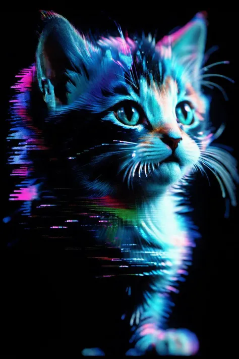 <lora:Aether_Glitch_v1_LoRA:1> vhs glitch movie still of an adorable kitten, cinematic, hires 8k, intricate, black background