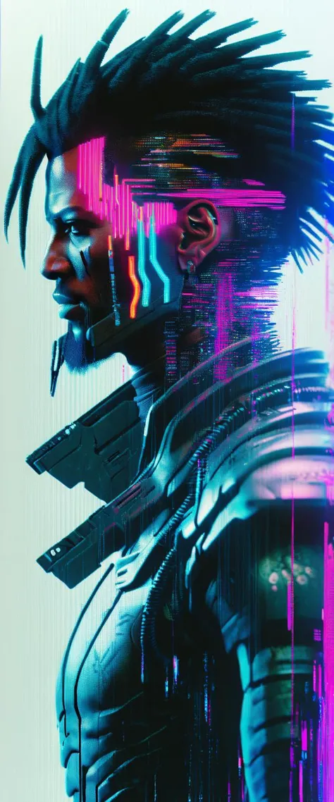 <lora:Aether_Glitch_v1_LoRA:1> vhs glitch movie still of cyberpunk 2077 black character, cinematic, hires 8k, intricate, white background