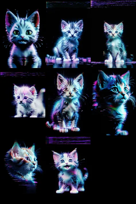 <lora:Aether_Glitch_v1_LoRA:1> vhs glitch movie still of an adorable kitten, cinematic, hires 8k, intricate, black background
