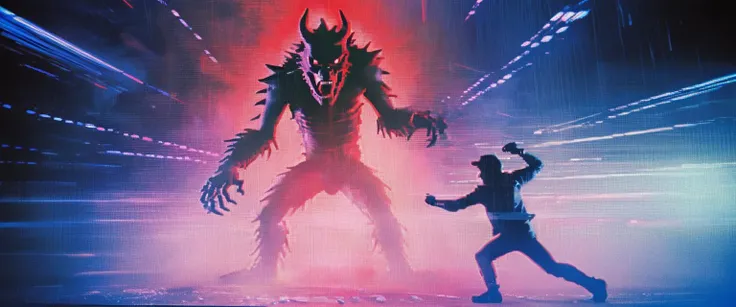 <lora:Aether_Glitch_v1_LoRA:1> vhs glitch award-winning photo of kung fury battling a monster, cinematic horror