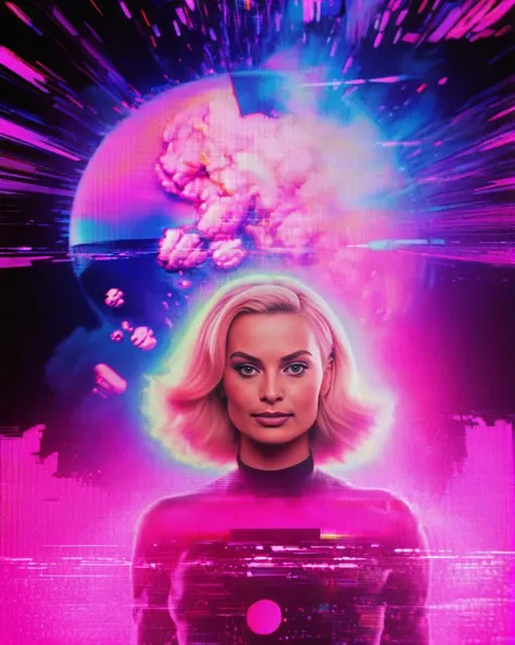 <lora:Aether_Glitch_v1_LoRA:1> vhs glitch cinematic 80s movie still of Margot Robbie, Barbie movie, intricate, atom bomb in the background