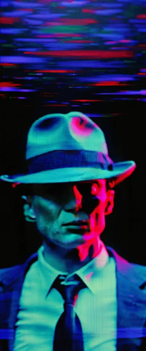 <lora:Aether_Glitch_v1_LoRA:1> vhs glitch cinematic movie still of Cillian Murphy wearing a 40s fedora