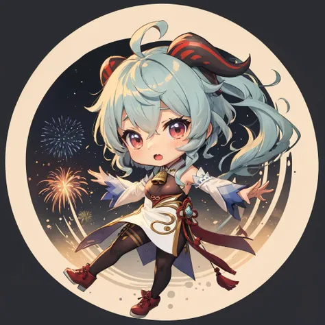 ganyudef, (curtsey:1.3), firework festival background, (sfw), chibi, ink, <lora:Ink scenery:0.8>, <lora:ganyu2:0.8>