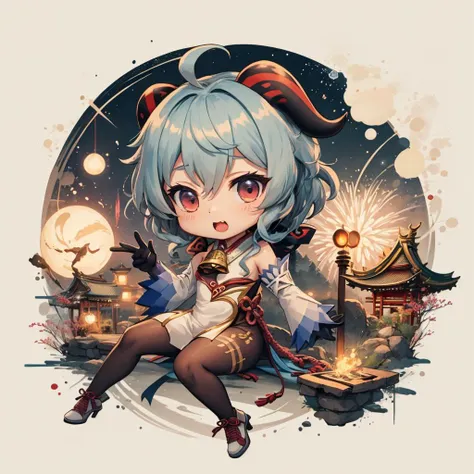 ganyudef, (curtsey:1.3), firework festival background, (sfw), chibi, ink, <lora:Ink scenery:0.8>, <lora:ganyu2:0.8>