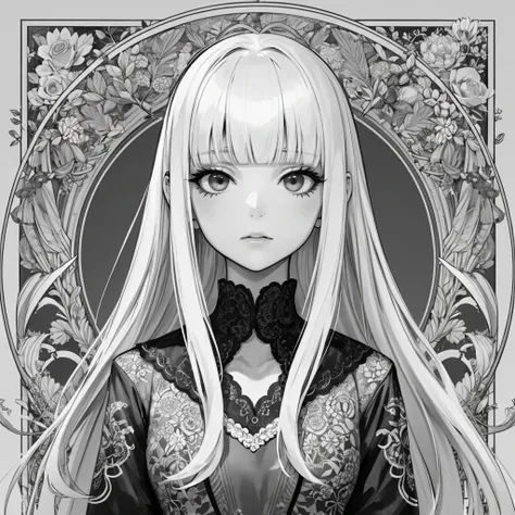 1girl, long hair, blunt bangs, sidelocks, monochrome, lineart, leaf, whitework