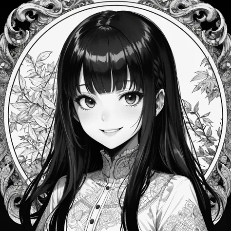 1girl, long hair, blunt bangs, sidelocks, monochrome, lineart, leaf, whitework, crazy smile, creepy smile