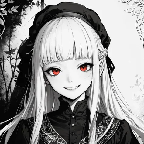 1girl, long hair, blunt bangs, sidelocks, monochrome, lineart, leaf, whitework, crazy smile, creepy smile