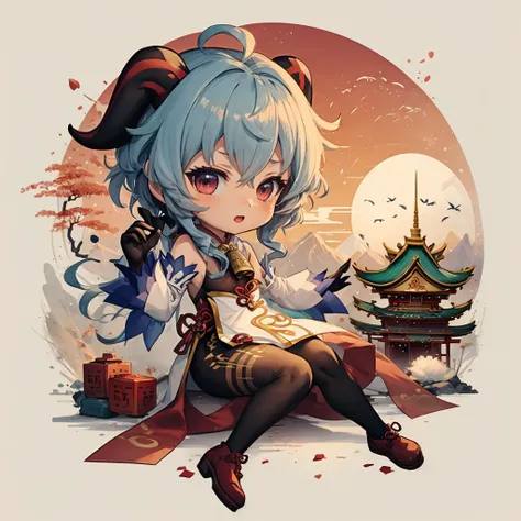 ganyudef, (curtsey:1.3), firework festival background, (sfw), chibi, ink, <lora:Ink scenery:0.8>, <lora:ganyu2:0.8>