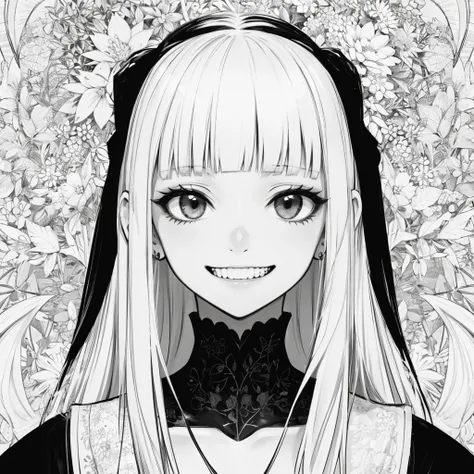 1girl, long hair, blunt bangs, sidelocks, monochrome, lineart, leaf, whitework, crazy smile, creepy smile