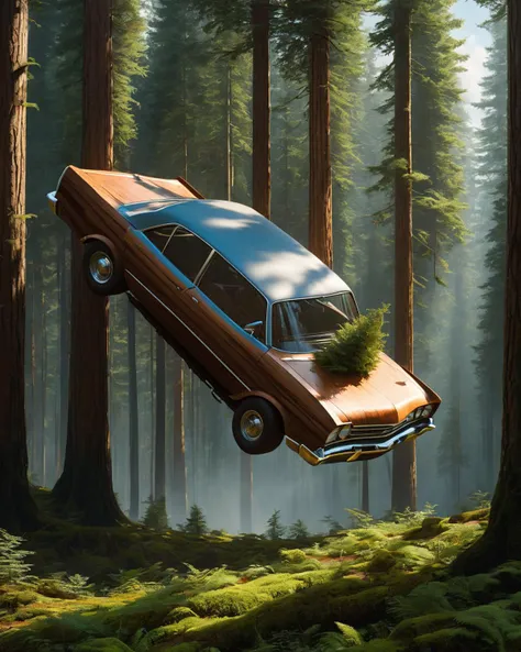 a car is floating in the Timber, Dirk Crabeth, david rudnick, concept art, hyperrealism<lora:Car_Dream:1>