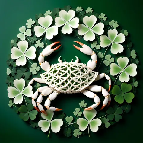 crab made of delicate shamrock clover leaves intricately woven together, <lora:Shamrocked:0.8>, creating a whimsical and ethereal look, highly detailed