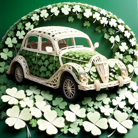 mountains, car, made of delicate shamrock clover leaves intricately woven together, <lora:Shamrocked:0.8>, creating a whimsical and ethereal look, highly detailed