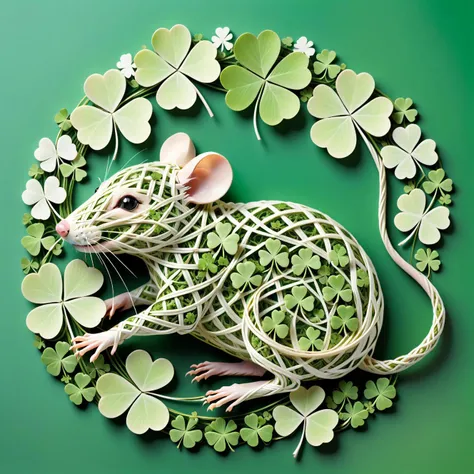 rat made of delicate shamrock clover leaves intricately woven together, <lora:Shamrocked:0.8>, creating a whimsical and ethereal look, highly detailed
