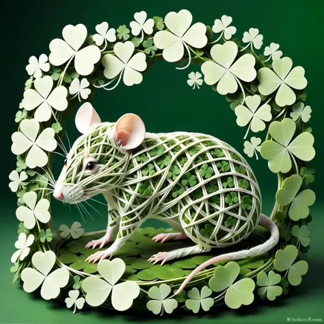 rat made of delicate shamrock clover leaves intricately woven together, <lora:Shamrocked:0.8>, creating a whimsical and ethereal look, highly detailed