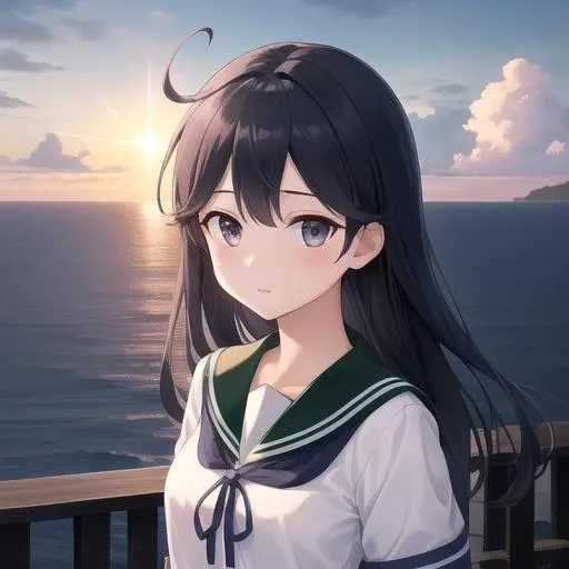 ((masterpiece)),(best quality),official art,extremely detailed CG,unity 8k wallpaper,ultra detailed,A lighthouse on a cliff by the sea,1girl,solo,upper body,(portrait:1.2),black_hair,school_uniform,white_serafuku,skirt,long_hair,ahoge,black_eyes,looking_at_viewer,<lora:Ushio(kan)>,
