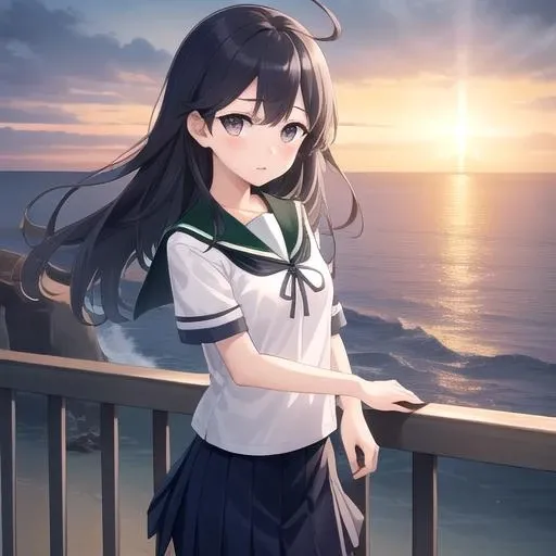 ((masterpiece)),(best quality),official art,extremely detailed CG,unity 8k wallpaper,ultra detailed,A lighthouse on a cliff by the sea,1girl,solo,cowboy shot,black_hair,school_uniform,serafuku,skirt,long_hair,ahoge,black_eyes,looking_at_viewer,<lora:Ushio(kan)>,