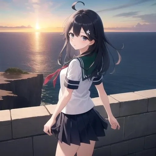 ((masterpiece)),(best quality),official art,extremely detailed CG,unity 8k wallpaper,ultra detailed,A lighthouse on a cliff by the sea,1girl,solo,cowboy shot,black_hair,school_uniform,serafuku,skirt,long_hair,ahoge,black_eyes,looking_at_viewer,<lora:Ushio(kan)>,