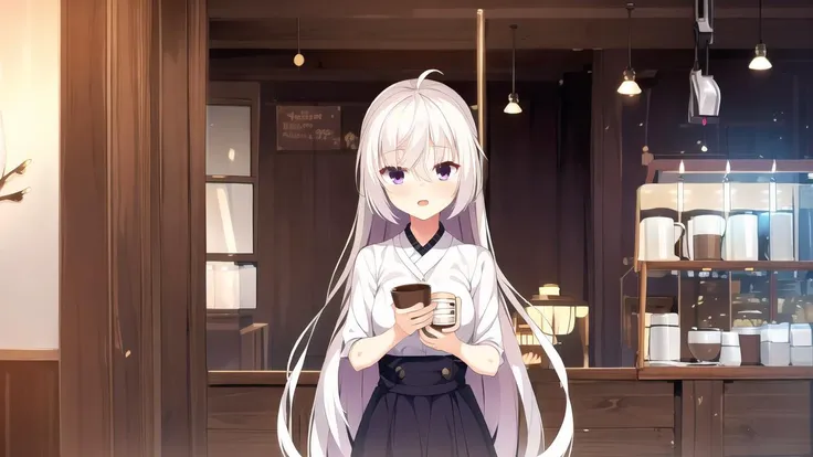 masterpiece, best quality, 1 girl, <lora:akizukiKannaCafStellaToShinigamiNoChou_v1E6:0.7>, kanna, white hair, purple eyes, coffee shop, cowboy shot, holding black scythe